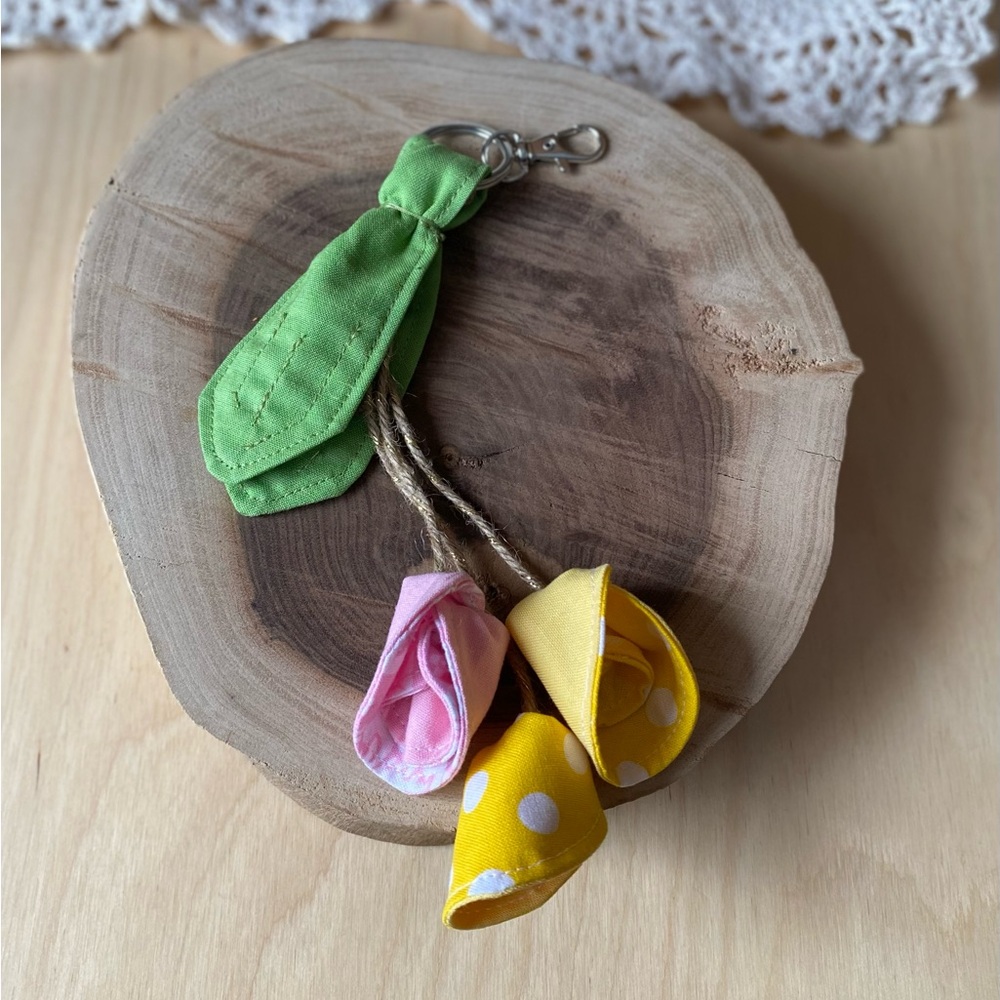 Springtime Handmade Floral Bag Charm in yellow and pink with green leaves
